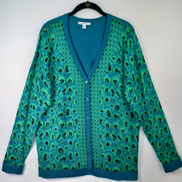 Isaac Mizrahi Sweater Cardigan Teal Green Leopard Print Womens Plus size 1X - Picture 6 of 6